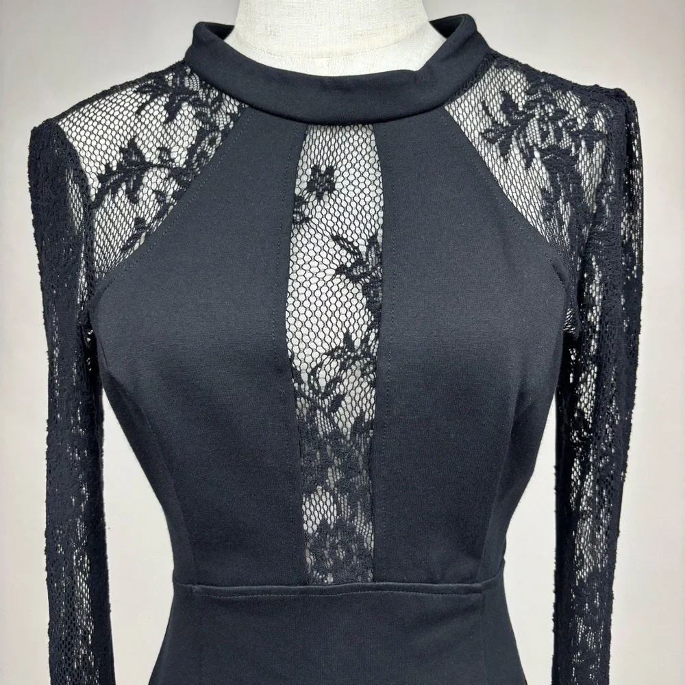 Free People It's Now or Never Lace Bodycon Dress Bell Sleeve Open Back Black S